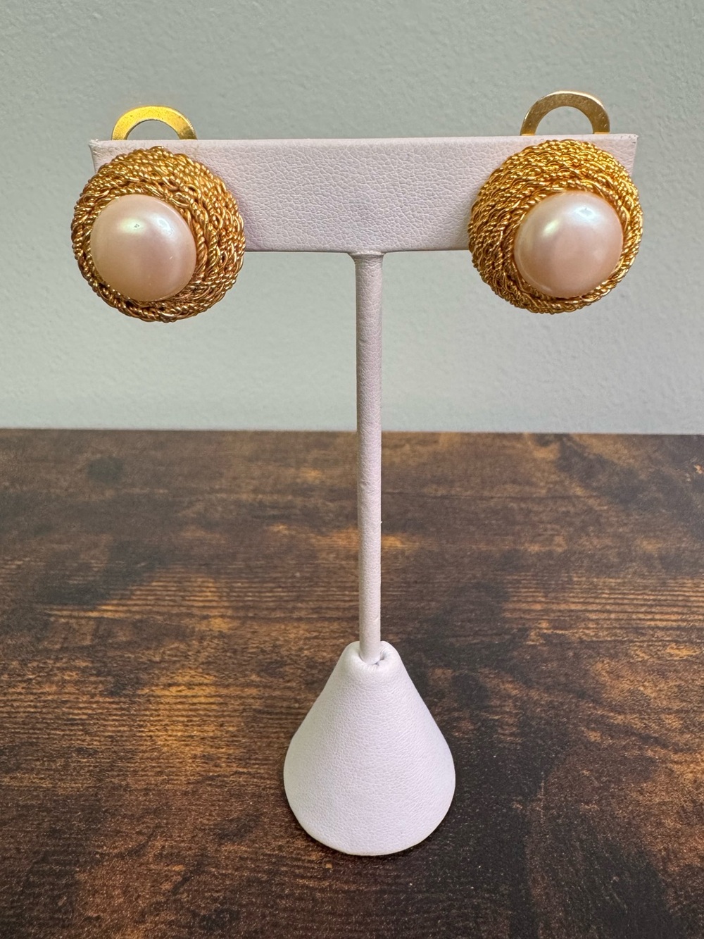 Vintage Gold-Tone Woven Frame Clip-On Earrings with Faux Pearl Centers